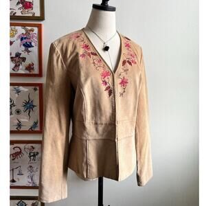 Vintage Y2K Suede Jacket | Wine Floral Embroidery | Khaki Leather | Size L